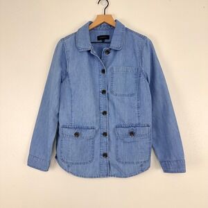 Talbots Womens Denim Trucker Jacket Size Medium Cotton Hemp Blue Utility Pockets